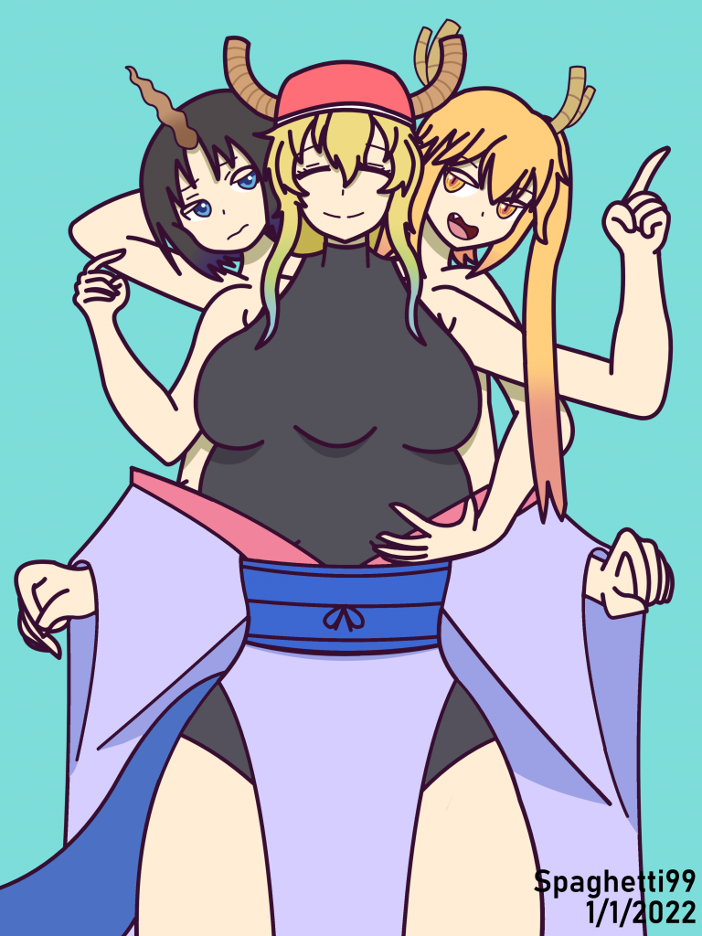 Conjoined Dragons Elma
Elma: "Well, this feels...different..."
Tohru: "Believe me, I'm not really enjoying this, either."
Lucoa: "Speak for yourself, I find this quite enjoyable!"
Elma: "Well, as long as I still get to eat yummy food, I guess I don't mind. Lucoa, could you walk us to the crepe stand? I'm starving!"
Keywords: misskobayashi&#039;sdragonmaid;tohru;elma;lucoa;quetzalcoatl;conjoined;threeheads;fivebreasts;fiveboobs;sixarms;hat